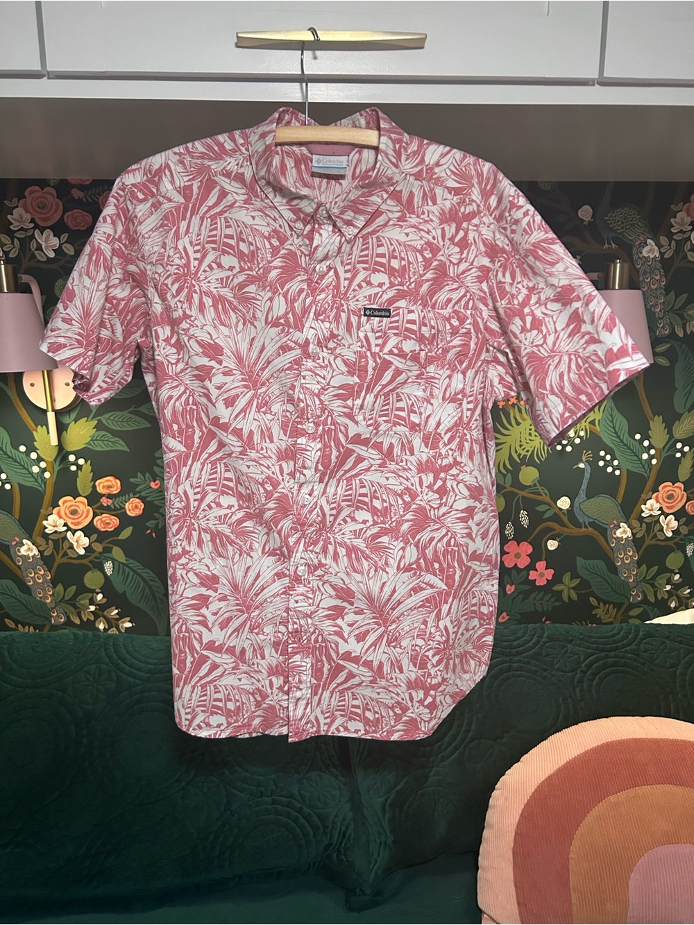 Columbia Pink and White Tropical Print Short-Sleeve Button-Up Shirt